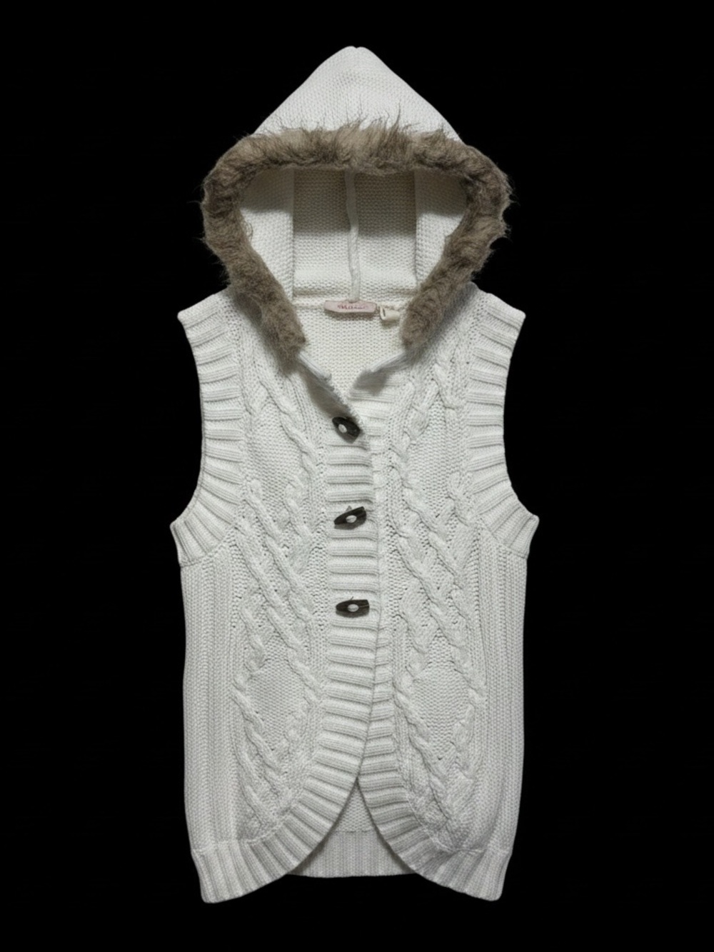 Red Camel Cream Cable-Knit Hooded Vest with Faux-Fur Trim